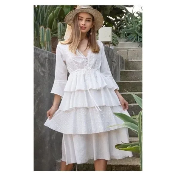 WHITE Woven Dress w/ ruffle layer & flare sleeves - Picture 7 of 9